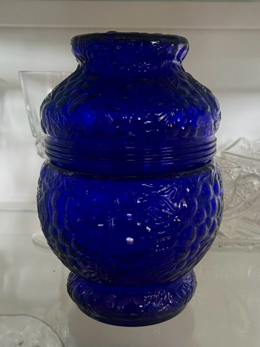 Vintage Apothecary Jar Canister Imperial Glass Co Cobalt Blue 7" Grapes Cherries